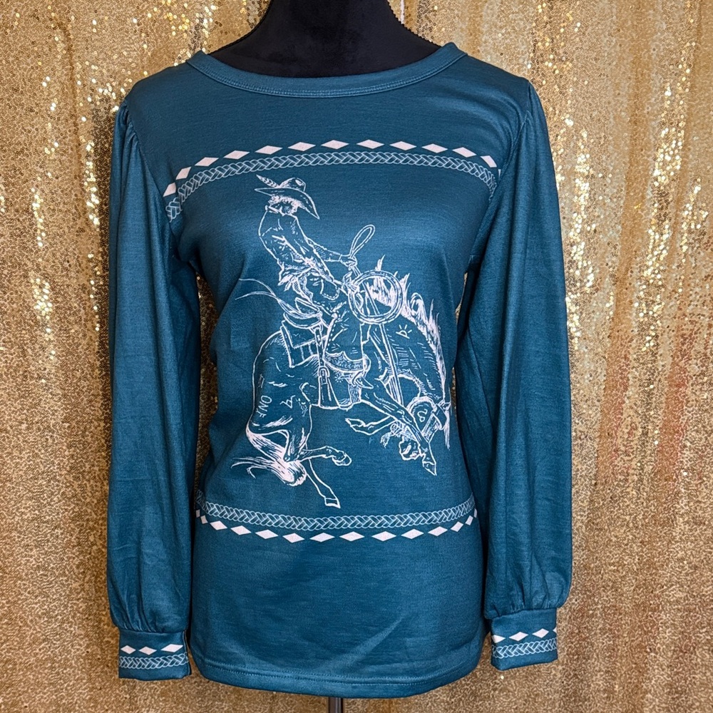 Teal Graphic Long Sleeve Top